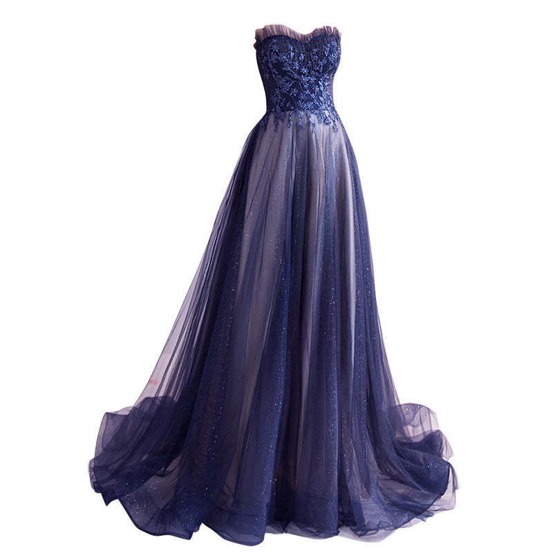 Blue Starry Wedding Dress 2024 New Dinner Long Tail Birthday Party Host Tube Top Pettiskirt