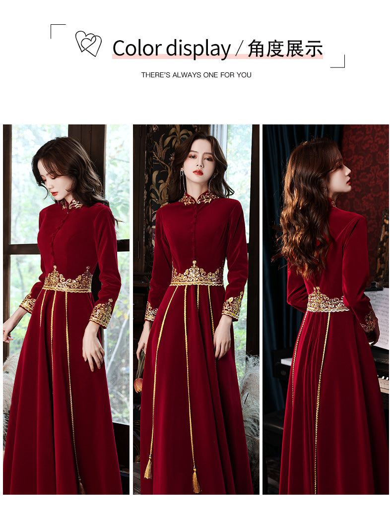 Toast Dress Bride 2024 New Autumn Velvet Chinese Style Wedding Evening Dress Engagement Back-to-Door Banquet Toast