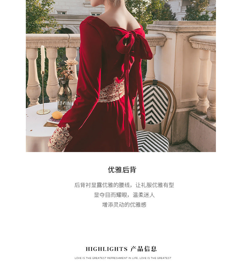 Toast Dress Bride 2024 New Autumn Velvet Long-Sleeved Red Back-to-Door Dinner Dress Marriage Engagement Toast