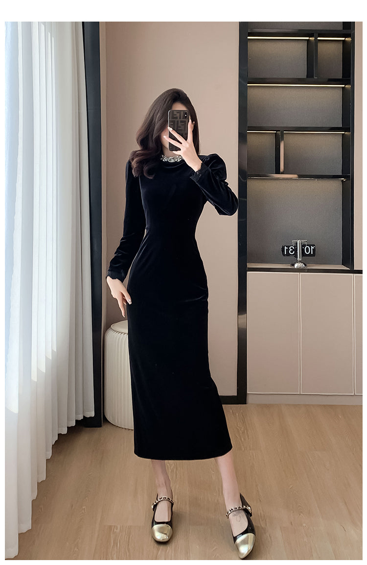 Black Dress High-End Dress Long Light Luxury Beads Rhinestones Long Sleeve Velvet Dress Autumn and Winter Annual Party Banquet Evening Wear