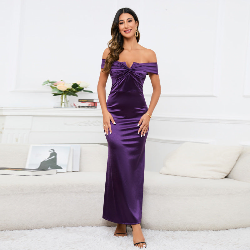 Amazon Cross-Border European and American Hot Evening Dress Women's Dress off-the-Shoulder Cross Knot Wrapped Chest Fishtail Dress