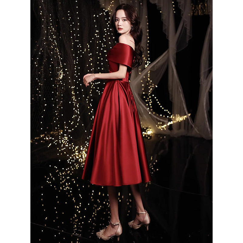 Wine Red Toast Dress Bride 2024 New Appreciation Dinner Engagement Wedding Back-to-Door off-Shoulder Evening Dress for Women Autumn