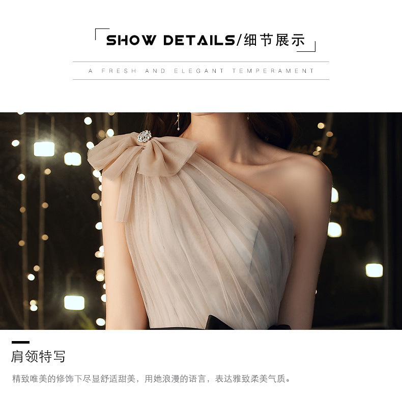 Annual Party Evening Dress Women's 2024 Belt Oblique Shoulder Design Socialite Host Dress Temperament Piano Performance Dress