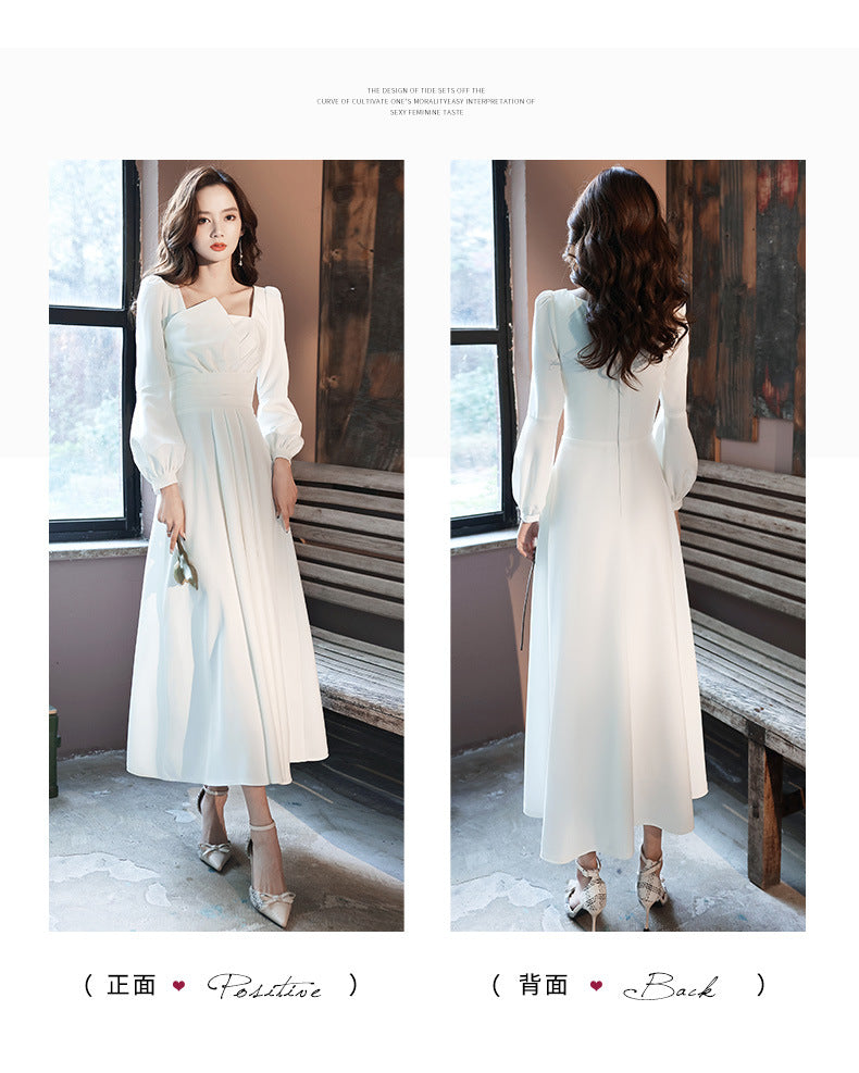 2024 Spring White Dress High-End Wedding Party Simple Graceful Square Collar Dress Spring and Autumn Women