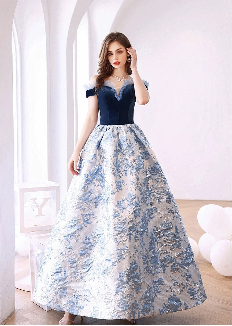 Evening Dress for Women 2024 Summer Blue off-Shoulder Banquet Performance Performance and Catwalk Host Wedding Dress