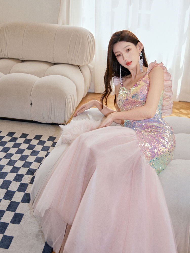 Evening Dress Sequin Long Dresses Camisole Luxury Minority High-End Dress Party Party Sequined Slim Fishtail Host H89802