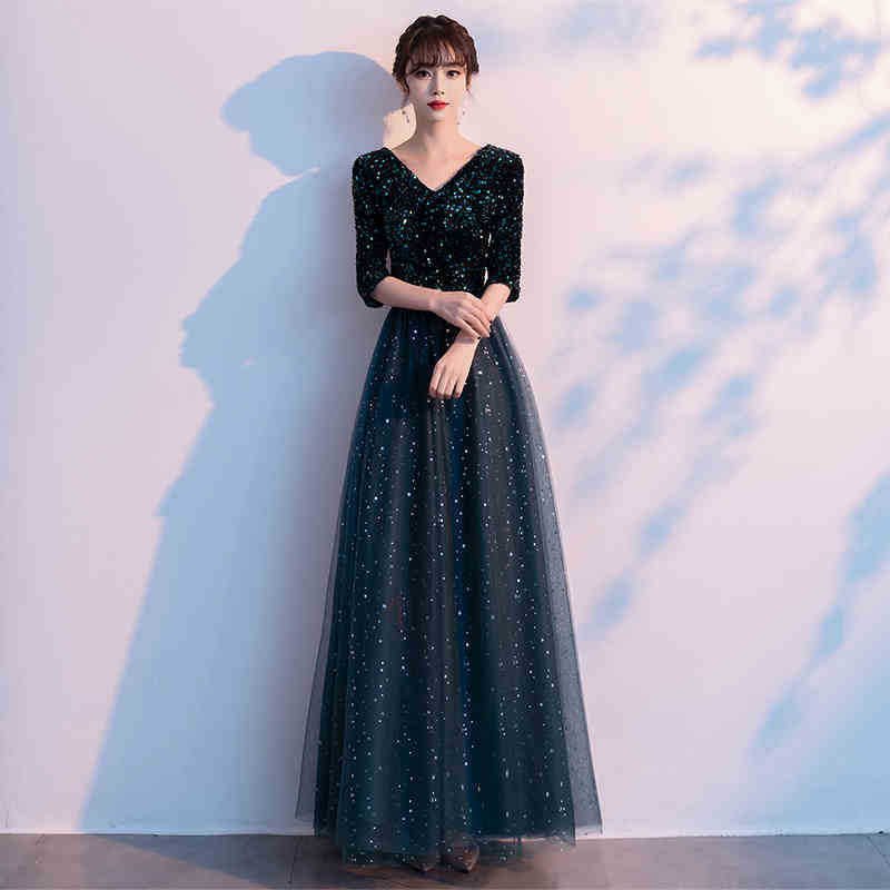 Dark Green Annual Party Evening Dress 2024 Autumn New Fashion Sexy V-neck Banquet Host Long Dress