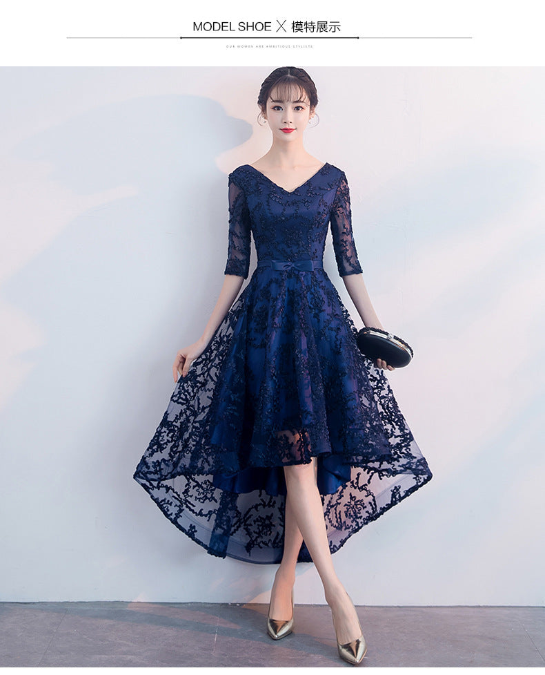 Navy Blue Evening Dress Temperament Banquet Mom Wedding Reception Clothes Front Short Back Length Dress Daily Style Autumn and Winter