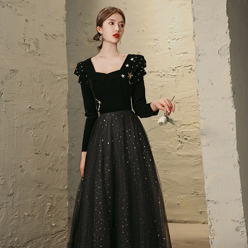 Banquet Evening Dress 2024 New Black Ladies Long Sleeves Graceful Formal Dress Host Performance Dinner Annual Meeting Gift