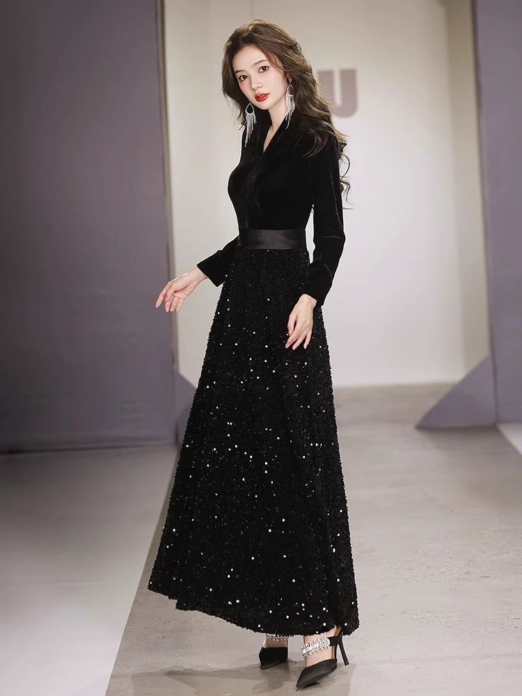 Black Evening Dress for Women 2024 New Temperament Banquet French Art Exam Host Choral Performance Dress Autumn