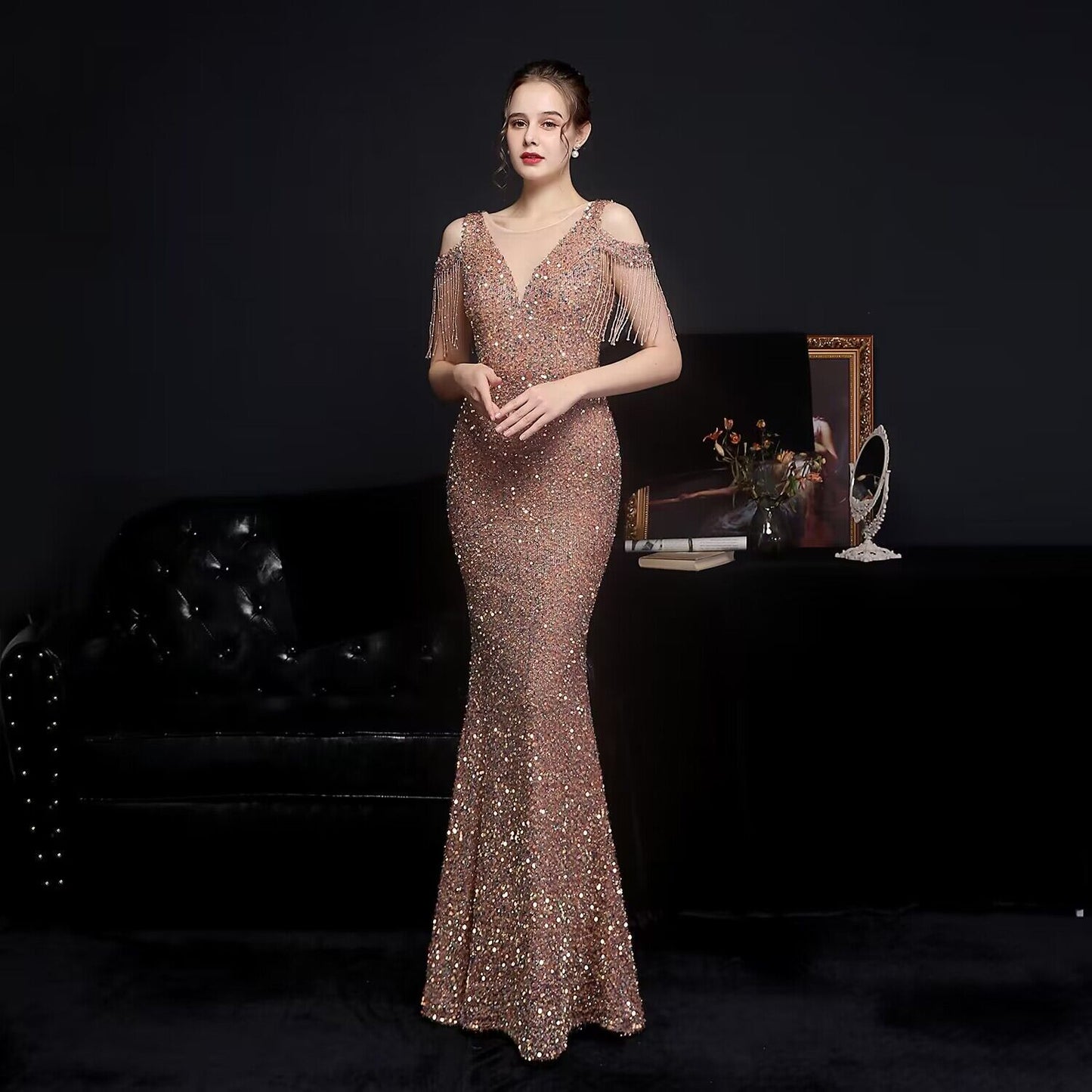 3185 Heavy Industry Evening Dress Women's New Banquet Temperament High-End Fishtail Host Socialite Light Luxury Minority High-End