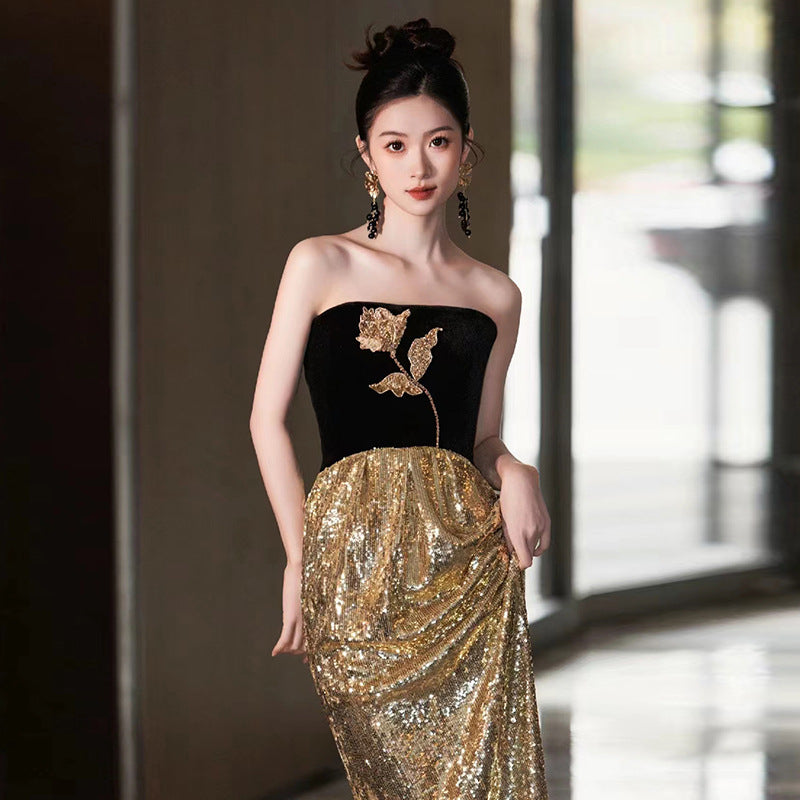 Evening Dress Ball Gown Black And Golden Off Shoulder French Elegant Birthday Banquet Dress Black Gold Thin And Glittering Bride Wedding Toast Dress 👑 Shimmering Day H8923