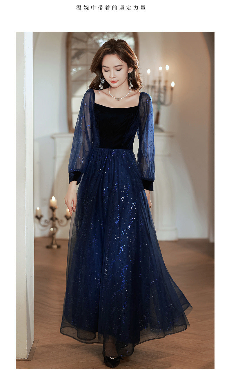 Women's Long-Sleeved Evening Dress for Banquet, High Sense High-End Affordable Luxury Niche Blue Sequined Conductor Chorus Solo Performance Costume