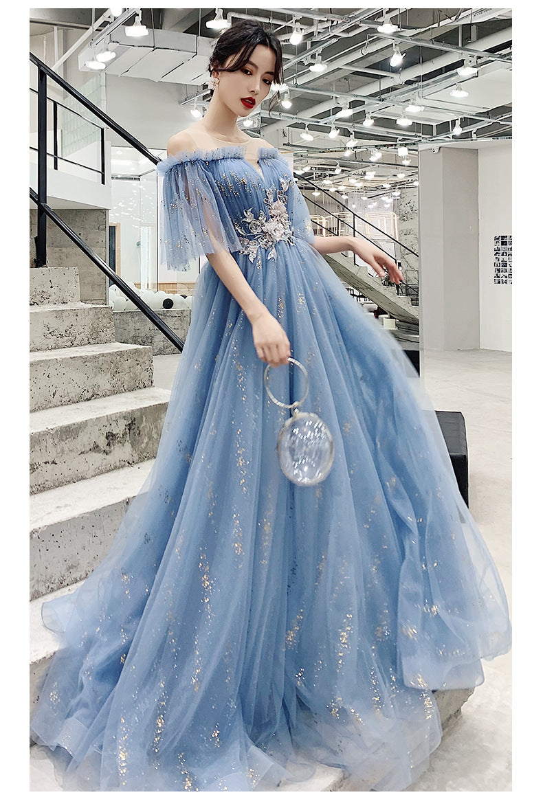 Blue Host Art Exam Evening Dress Female 2024 New Banquet Temperament Princess Fairy Mori Style