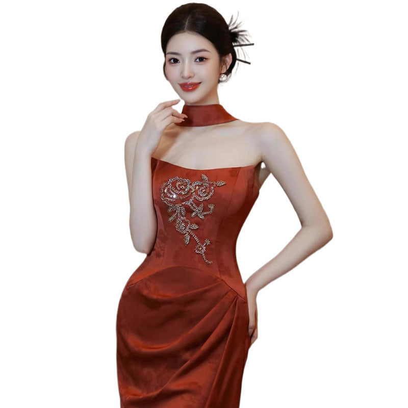 New Chinese Style Morning Gowns Women's 2024 New High-Grade Bride Engagement Formal Dress Toast Dress Tube Top out of Court Banquet Fishtail Skirt