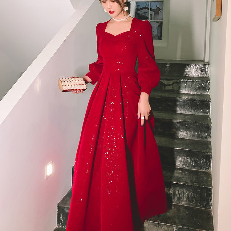 Evening Dresses Red Long Sleeve Dinner Dress Party Ball Gown Host'S Fishtail Star Shining H333