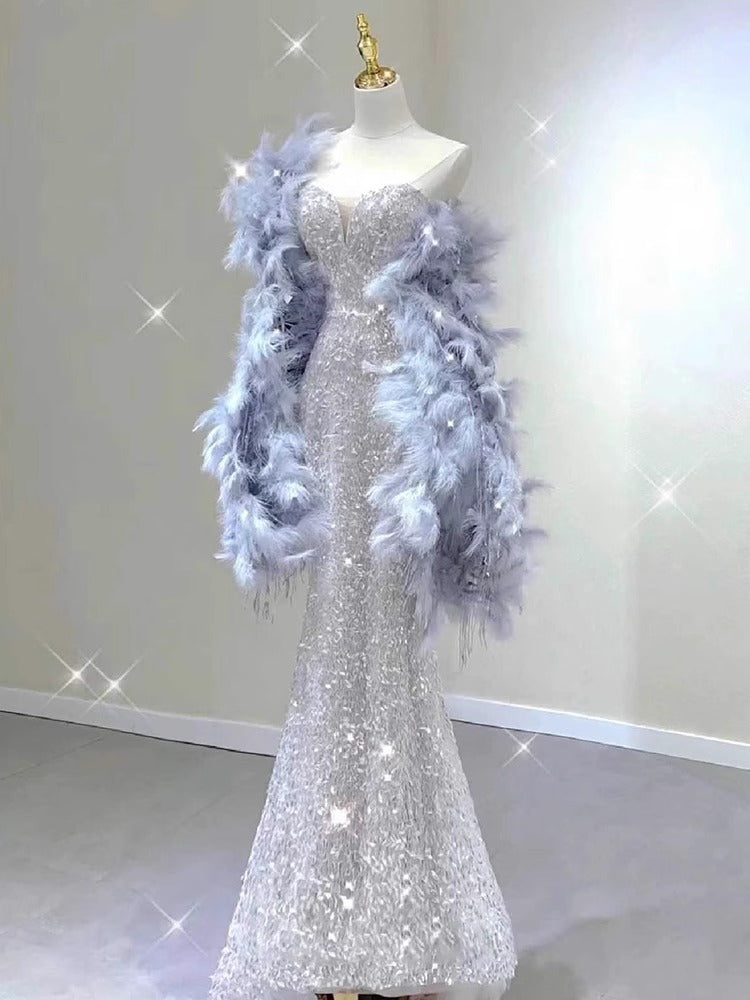 Engagement Tube Top Evening Dress for Women 2024 New Sexy Silver Paillette Fishtail Dress Feather Shawl Bridal Toast Dress