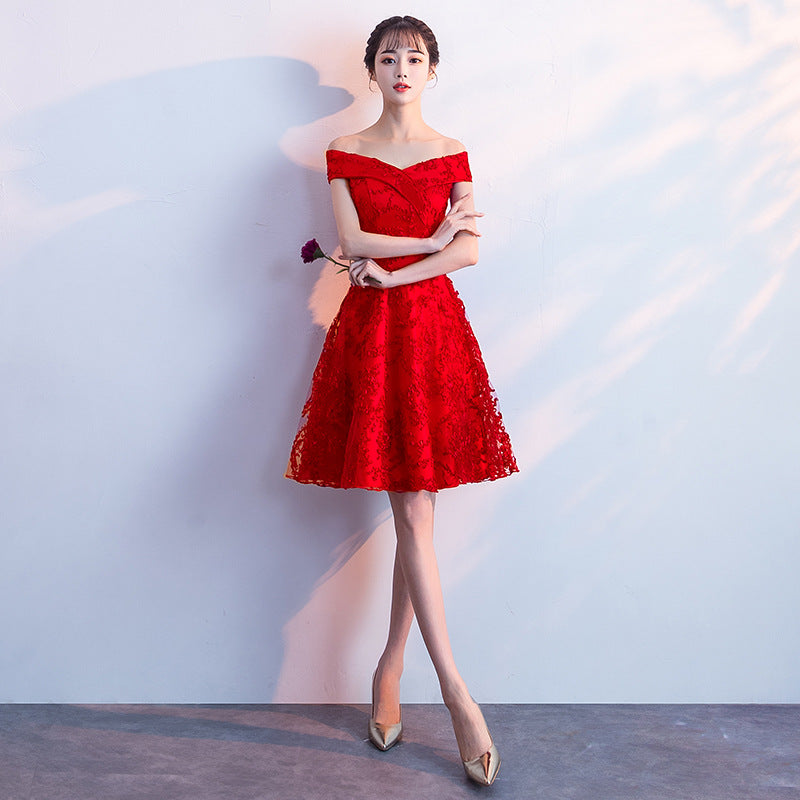 2024 New Summer Red Lace Off-Shoulder Long Slimming Wedding Evening Dress for Bride