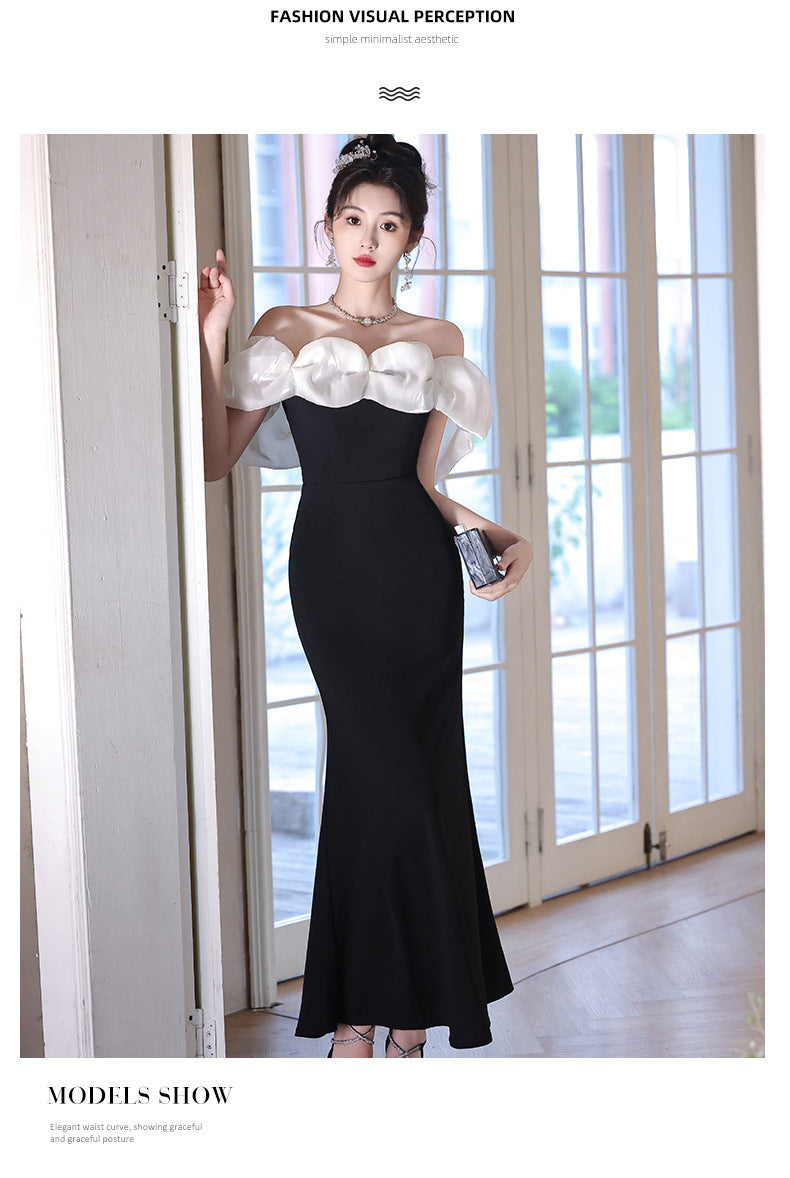 Beautiful off-Shoulder Evening Dress for Women 2024 New High-Grade Light Luxury Minority Banquet Host Elegant Fishtail Dress