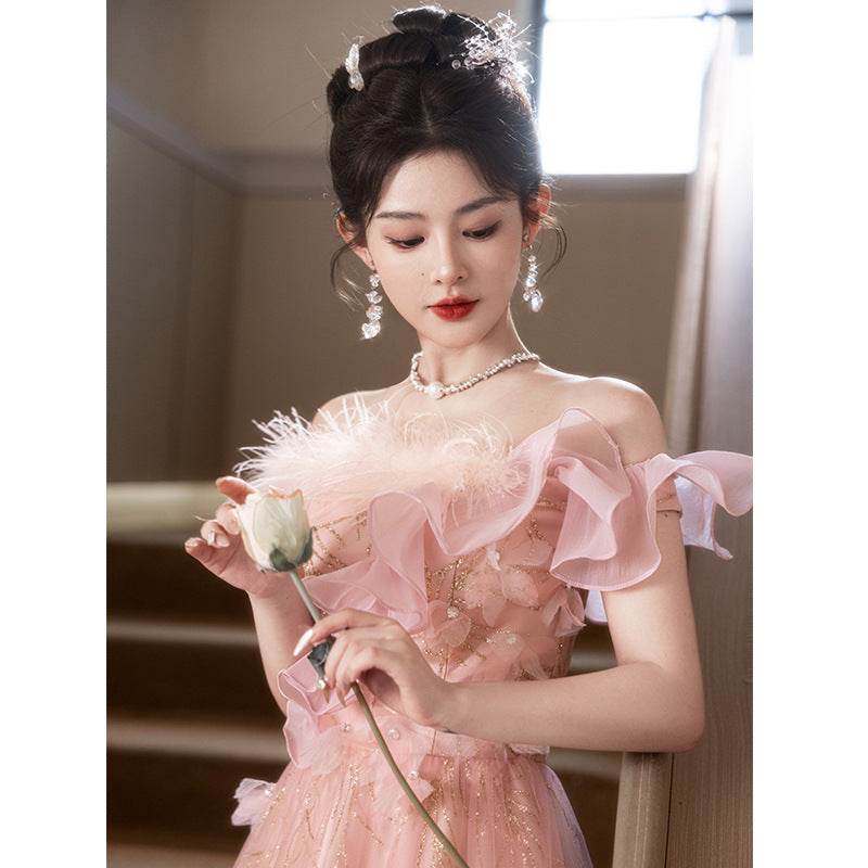 off-Shoulder Evening Dress Female Banquet Temperament Socialite High-End Affordable Luxury Niche Host Engagement High-Grade Pink