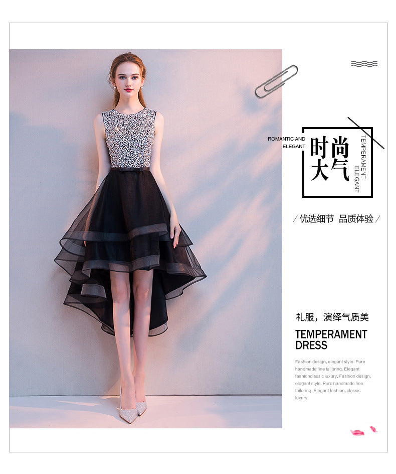 Black Evening Dress Women's New Banquet Noble Performance Front Short Back Long Host round Neck Sequins Small Dress Stage