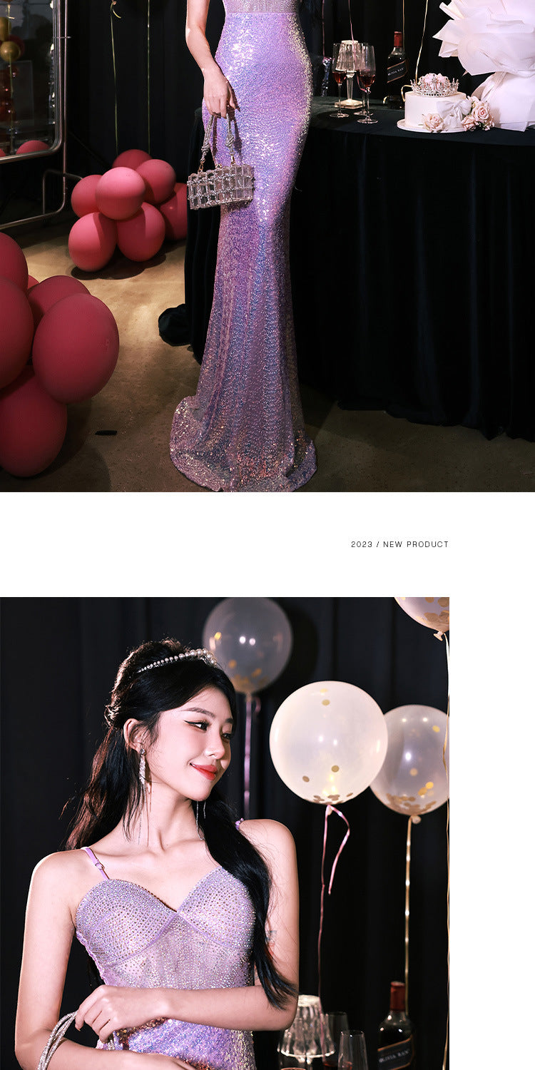 High Sense Banquet Temperament Light Luxury Minority Host Adult Lady like Woman Temperament Sexy Waist Trimming Sheath Fishtail Evening Dress