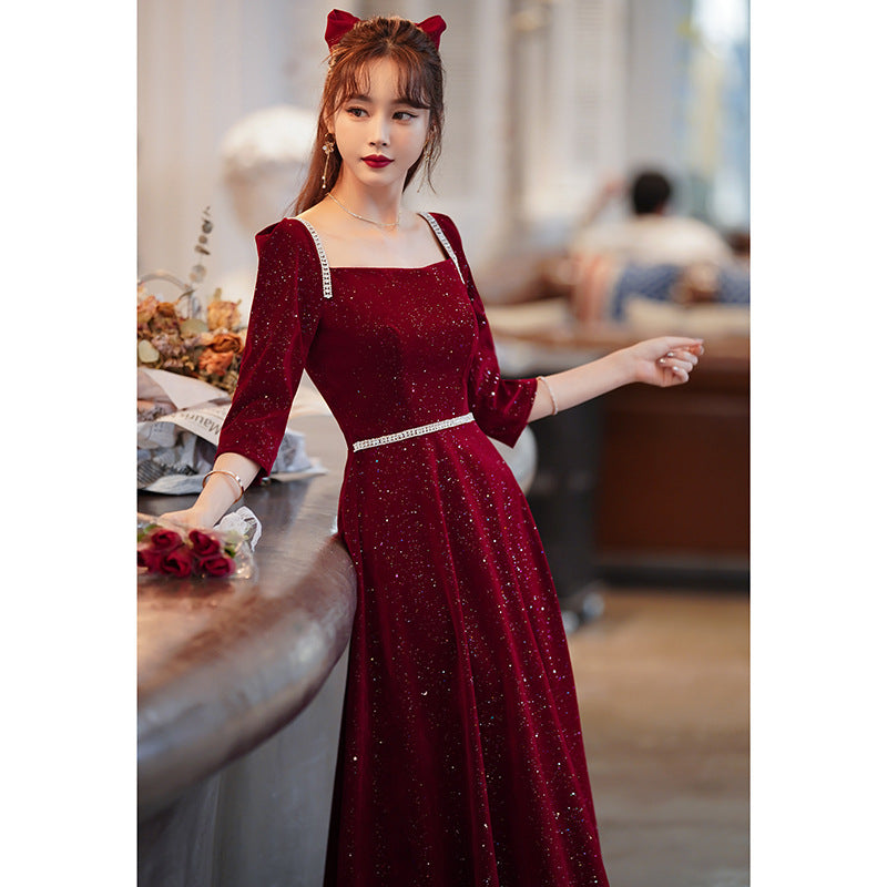 Toast Dress Bride 2024 New Autumn and Winter Fairy Wine Red Engagement Dress Wedding Back Door Toast Dress