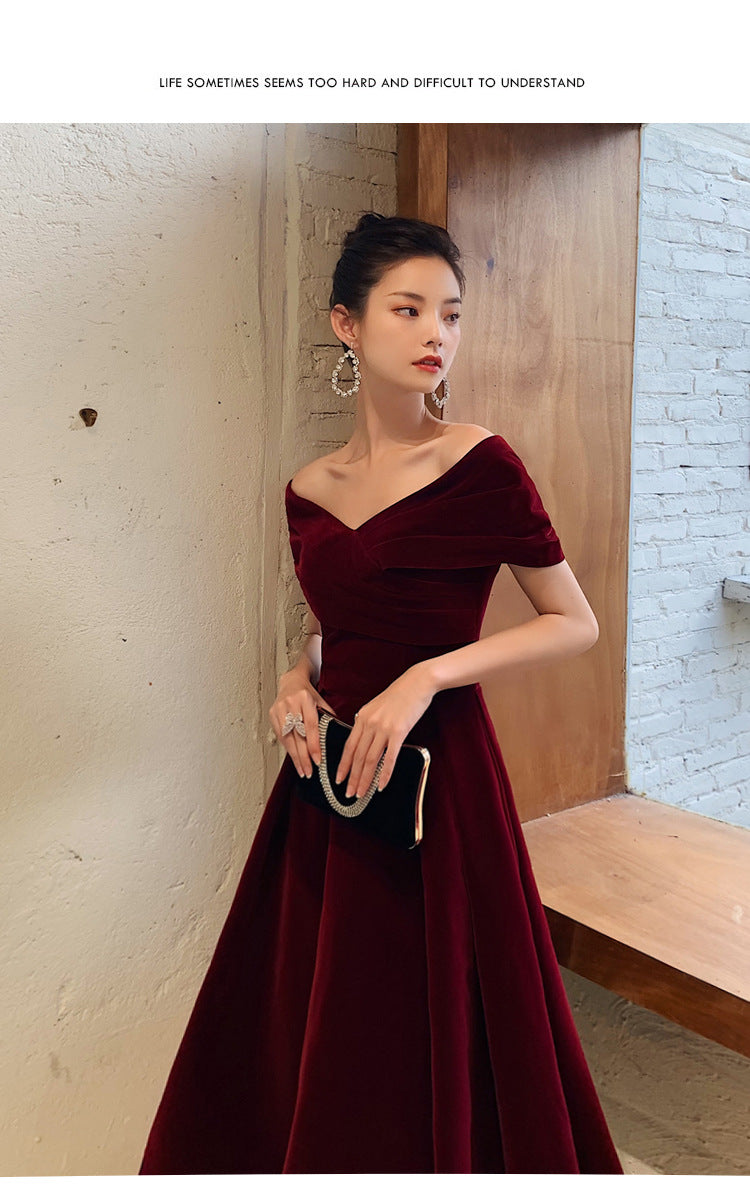 Bridal Toast Clothing Velvet 2024 New High-Grade off-Shoulder Banquet Temperament Engagement License Host Evening Dress