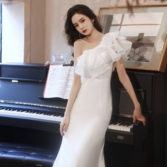 Satin Annual Party Dress Women's 2024 New Elegant Fishtail Tight Waist Socialite Birthday Banquet Dress White