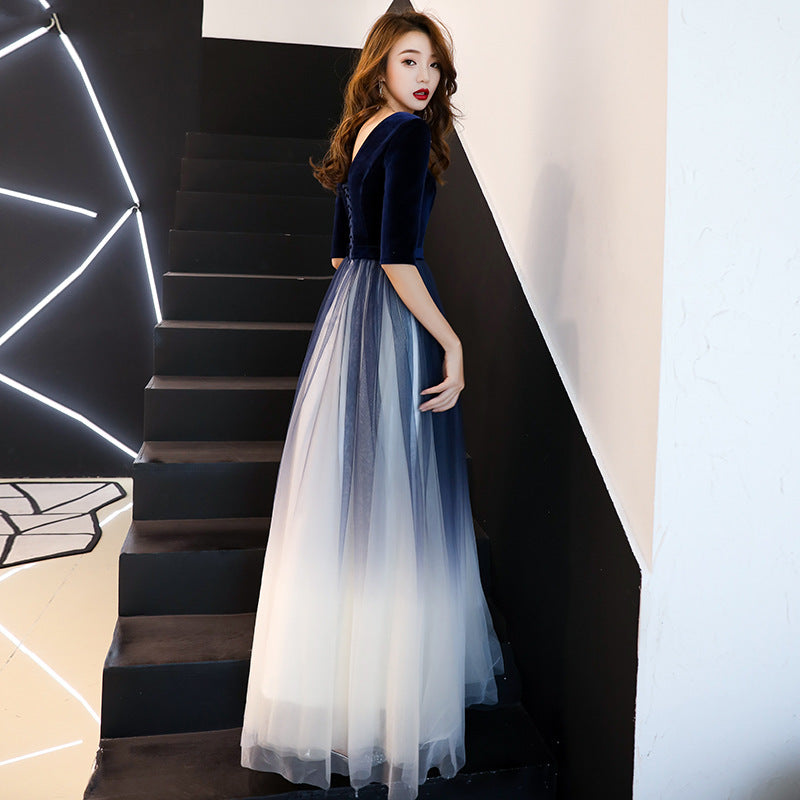 Evening Dress for Women 2024 New Banquet Mid-Sleeve Long Slimming Annual Meeting Socialite Dress Evening Dress for Women Autumn and Winter
