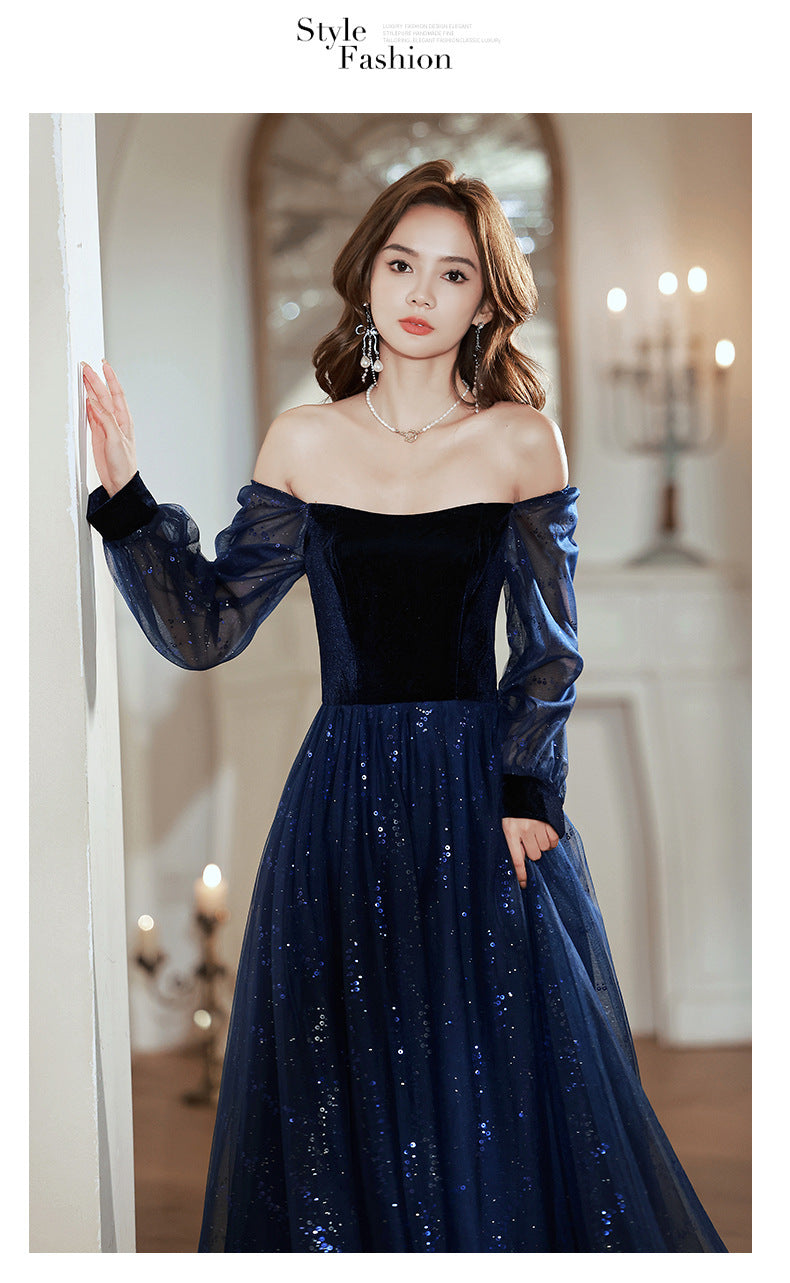 Women's Long-Sleeved Evening Dress for Banquet, High Sense High-End Affordable Luxury Niche Blue Sequined Conductor Chorus Solo Performance Costume