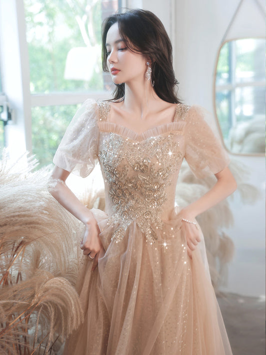 Champagne Evening Dress for Women Banquet Temperament Light Luxury Minority High-End High-Grade Host Summer Art Exam Engagement Dress