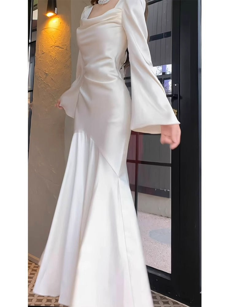 French Style Long Sleeve Fishtail Dress Early Spring High-End Satin Collar White Dress Engagement Dress Wedding Morning Gowns