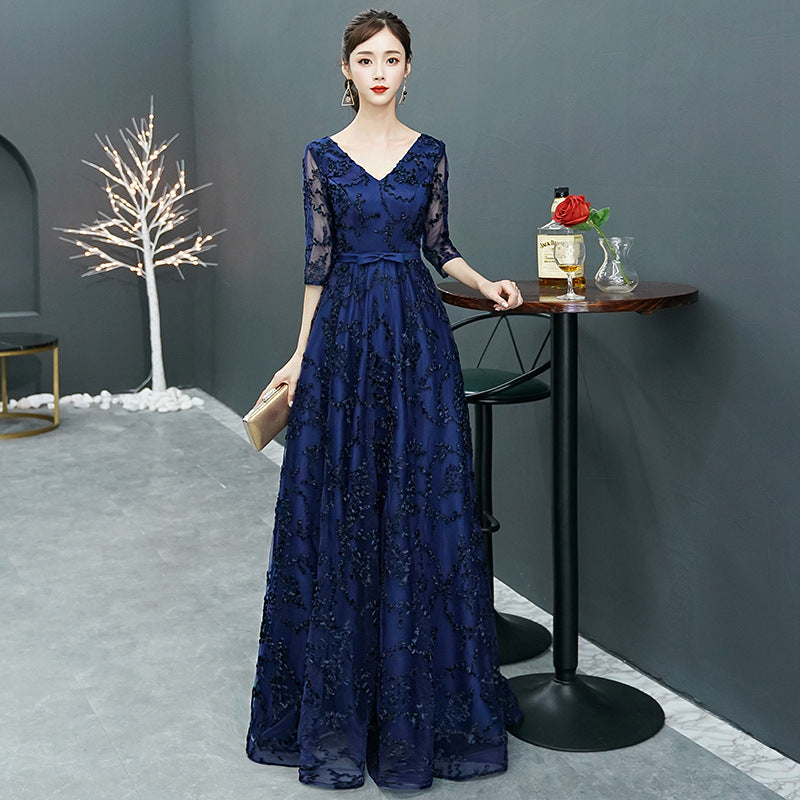 Navy Blue Evening Dress Temperament Banquet Mom Wedding Reception Clothes Front Short Back Length Dress Daily Style Autumn and Winter