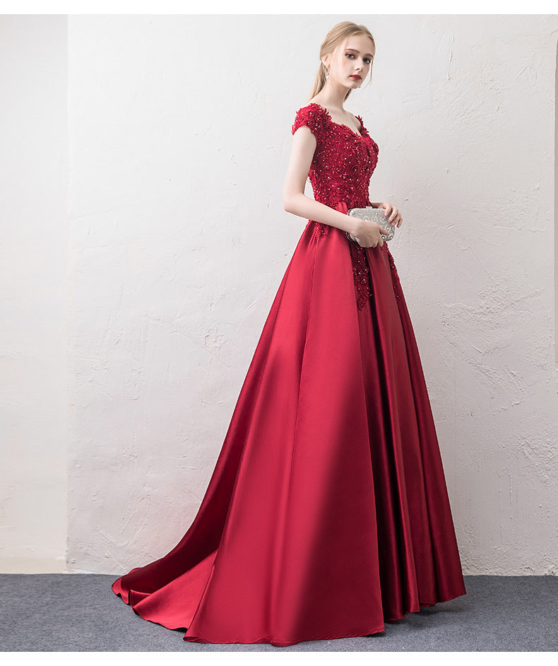 off-Shoulder Wine Red Toast Dress Bride 2024 New Marriage Engagement Wedding Family Visiting Shoes Banquet Evening Dress