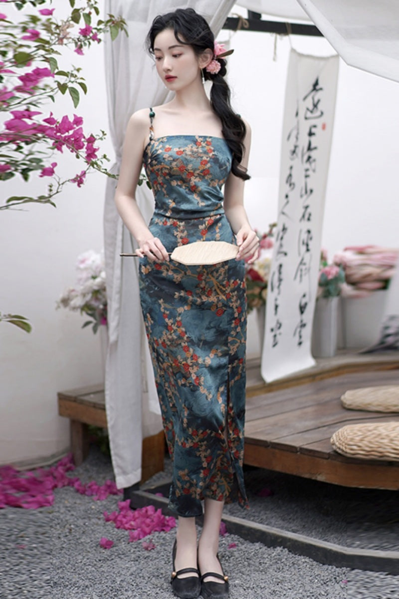 2024 Summer New High Sense Slim-Fit Figure Flattering Long Dress Retro Color Printing Sleeveless Split Dress National Style