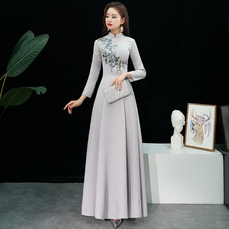 Machine Embroidery Improved Cheongsam 2024 New Long Dress Elegant over-the-Knee Embroidered Cheongsam Dress