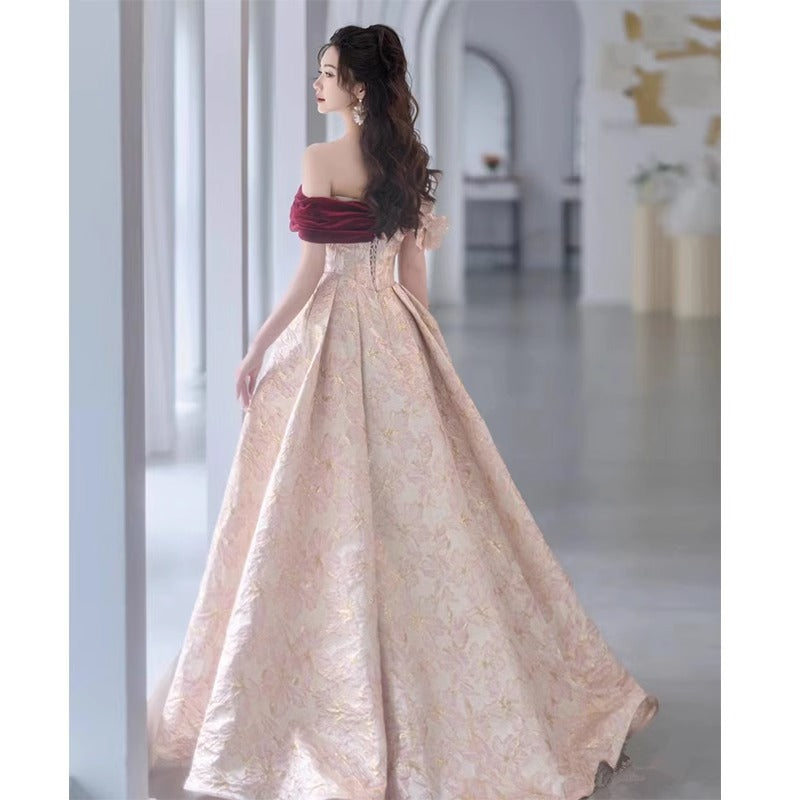 Evening dress gala ball gown pink flower red satin off shoulder Banquet French Bride H8923