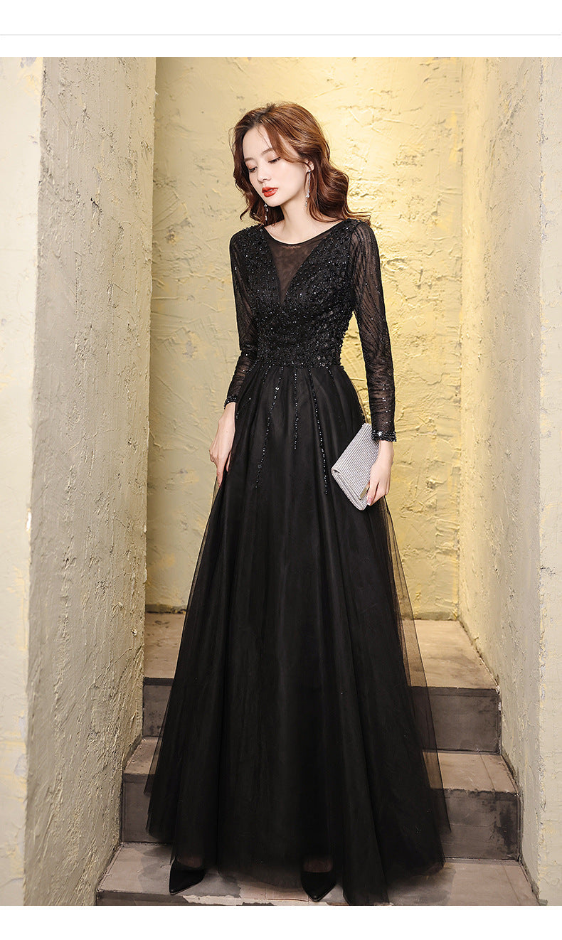 Black Evening Dress Female 2024 Autumn New Master Host Art Exam Dress Choral Performance Long Dress