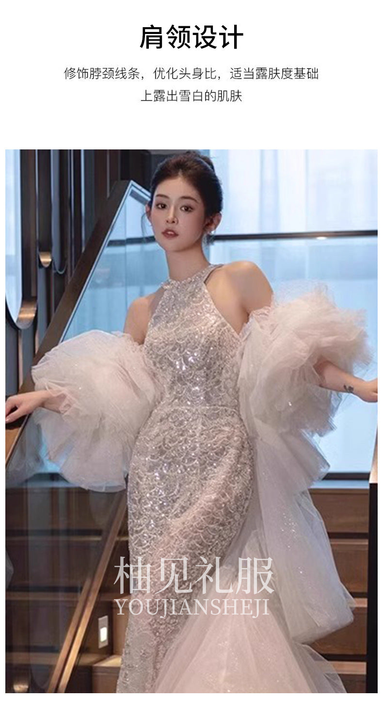 Halter Evening Dress Fishtail Backless Bride Engagement Formal Dress Toast Clothing Light Luxury Minority Design Sense Banquet Host