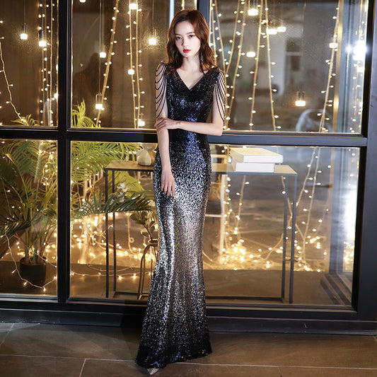 Sequined Evening Dress for Women 2024 New Sexy Aura Queen Fishtail Slim-Fit Long Host Dress Slimming