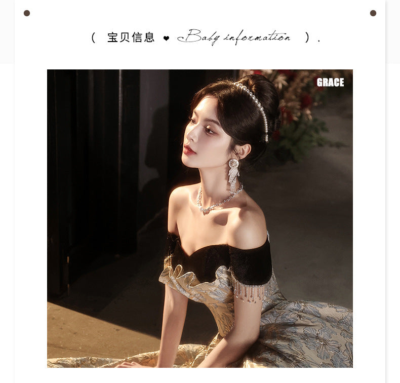 off-Shoulder Banquet Evening Dress Dress Female Gao Ding French Entry Lux Niche High-End Temperament Senior Sense Host Adult Ceremony