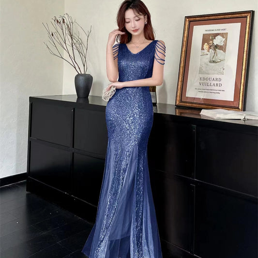 Sequined Velvet Halter Dress Waist Dress Annual Meeting Sexy Sheath Fishtail Skirt 2024 New Chic