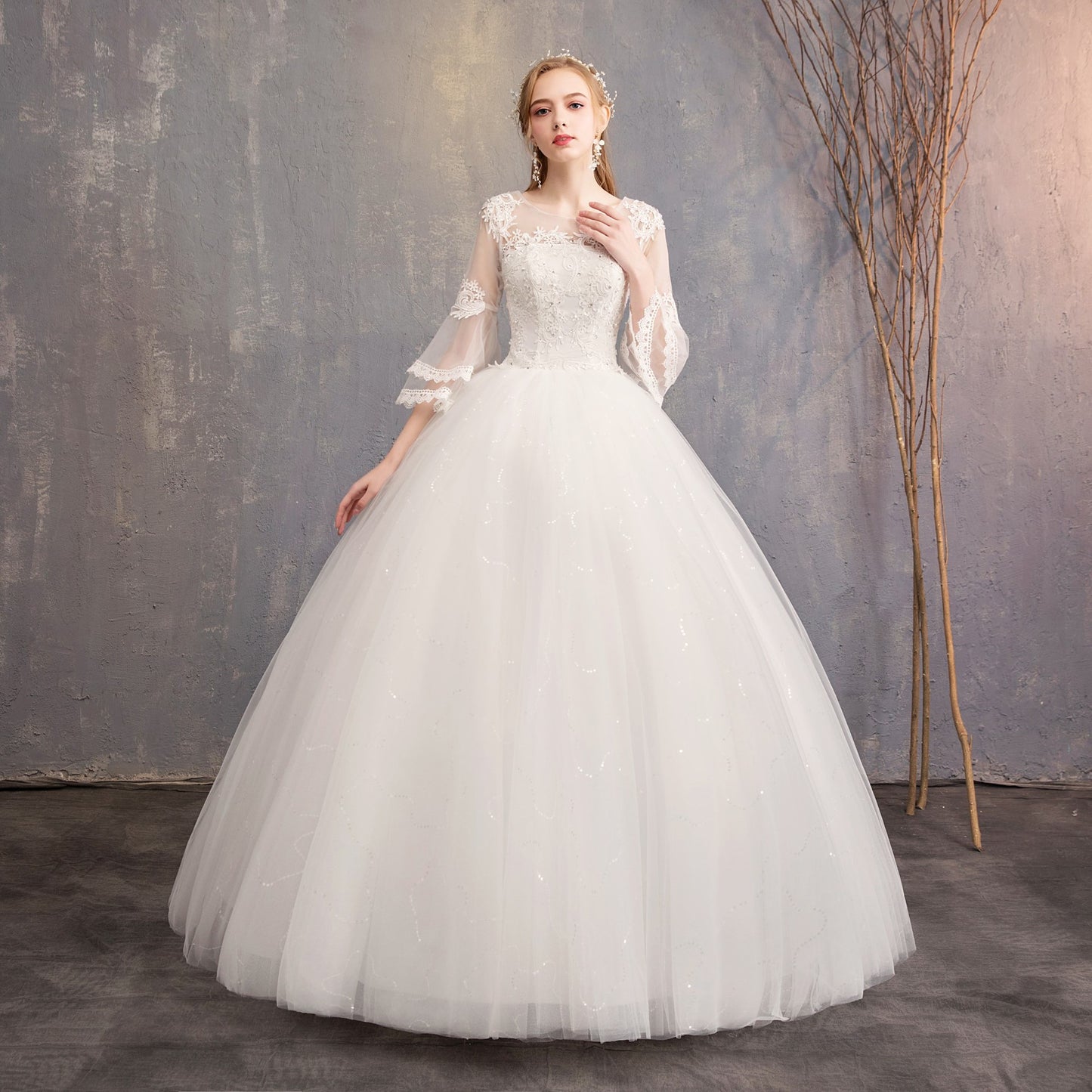 Wedding Dress 2024 New off-Shoulder Half Sleeve Korean Style Bridal Wedding Dress Floor-Length plus Size Slimming Wedding Dress Wholesale H16