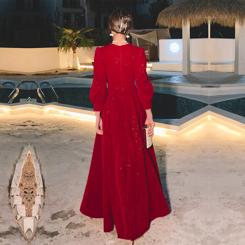 Evening Dresses Red Long Sleeve Dinner Dress Party Ball Gown Host'S Fishtail Star Shining H333