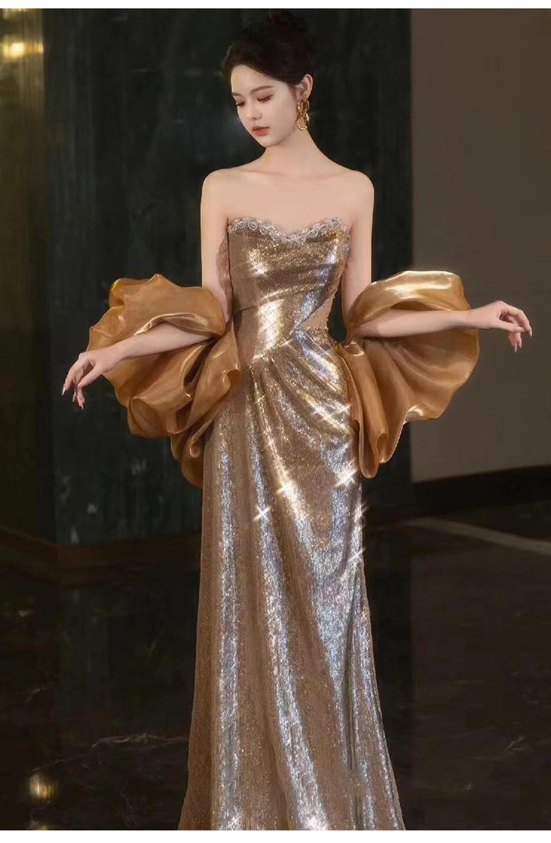 Golden Evening Dress 2024 High-Grade Wine Red Tube Top Bride Engagement Toast Dress Banquet Temperament Host