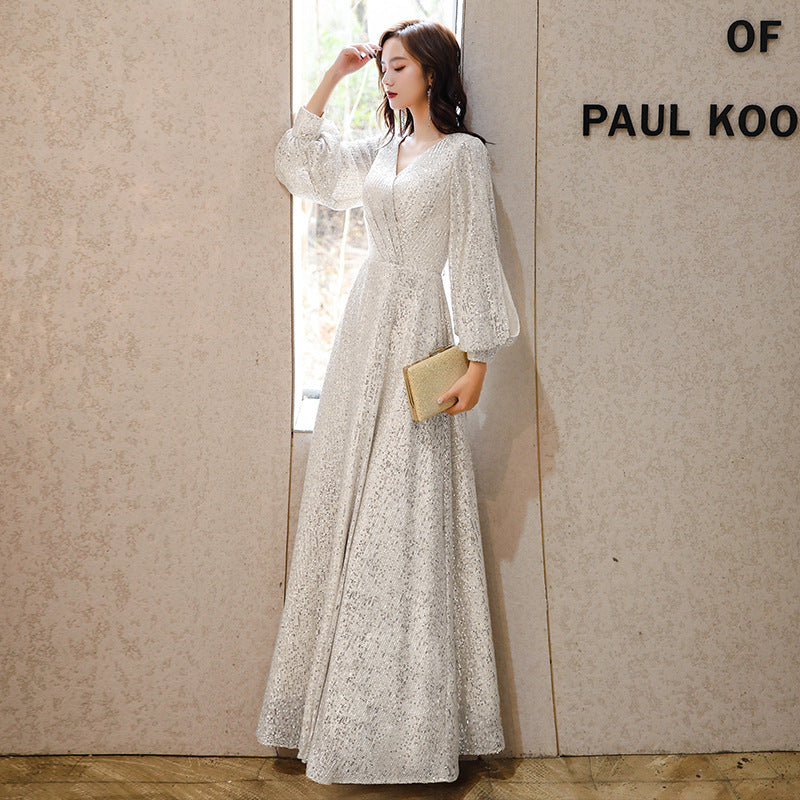 Factory Supply Evening Dress 2024 New Autumn and Winter Long Long Sleeve V-neck Sequins Champagne Annual Party Evening Dress