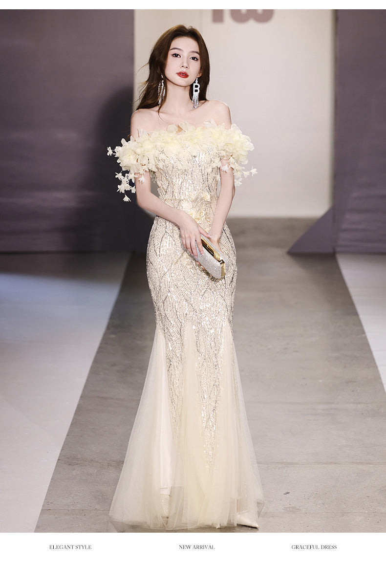 Fishtail Evening Dress 2024 off-Shoulder High-End Affordable Luxury Niche High-End Host Sequined Annual Meeting Dinner Flash