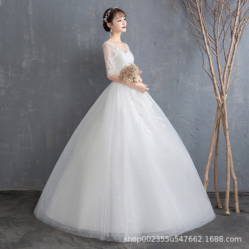 Tiktok Main Wedding Dress 2022 New V-neck Sexy Bridal Wedding Half Sleeve Floor-Length White Simple Lace Slimming Women