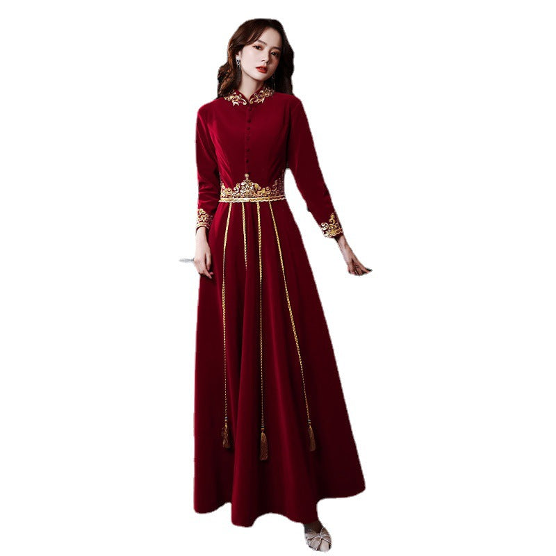 Toast Dress Bride 2024 New Autumn Velvet Chinese Style Wedding Evening Dress Engagement Back-to-Door Banquet Toast